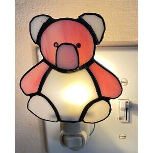 VintageTeddy Bear Stained Glass Night Light  Plug-In  Kids Room Decor  Pink & Wh